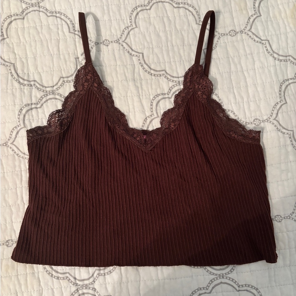 Brown Lace Trim Cami Top